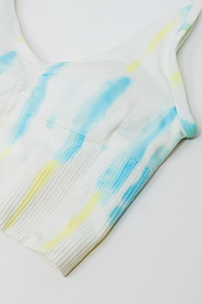 White Seamless Crop Top with Multicolor Tie-Dye