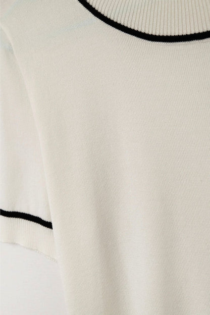 White Short Sleeve Knit Top with Black Contrast Trims