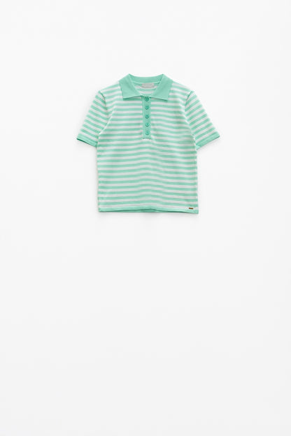 White short sleeves polo shirt with light blue stripes and frontal buttons details