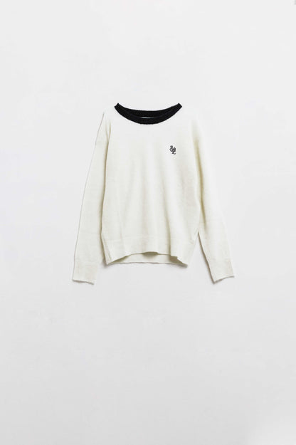 White sweater with contrasting collar and love logo on chest