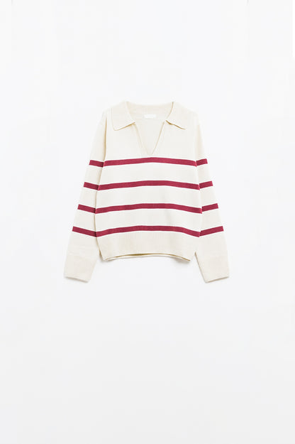 white sweater with dark red stripes and wide v neck
