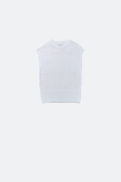 White sweater with soft open knit and dropped sleeves