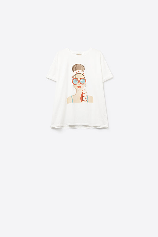 Q2 White T-shirt made in Italy with a vintage girl graphic