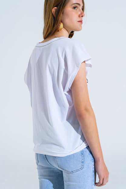 White T-Shirt With Black Text At The Front and Trim at The Neck
