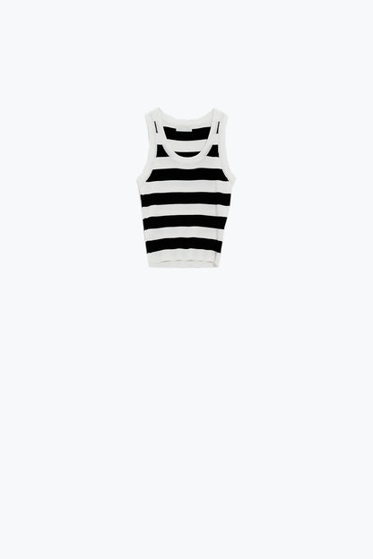 Q2 White Tank Top With Wide Stripes in Black