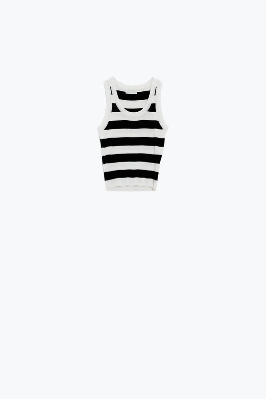 Q2 White Tank Top With Wide Stripes in Black