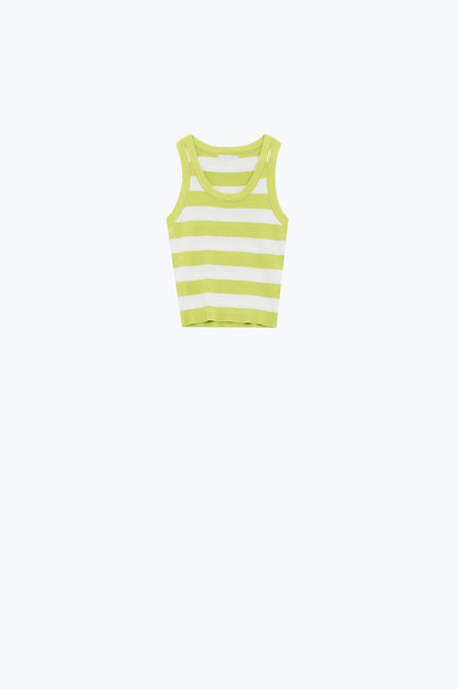 White Tank Top With Wide Stripes in Lime Green