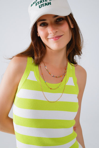 White Tank Top With Wide Stripes in Lime Green
