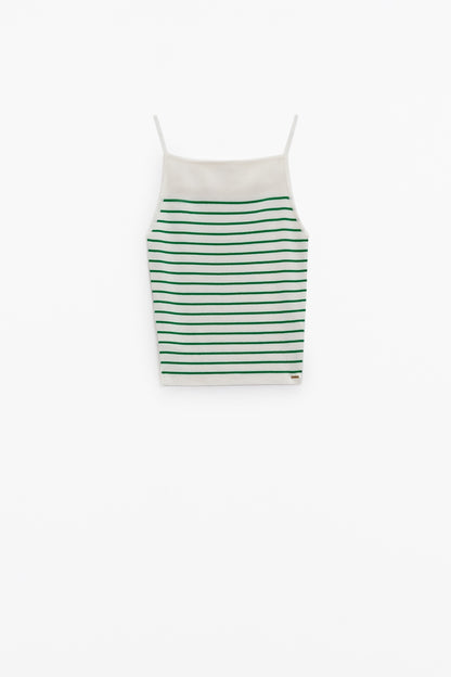 White top with green stripes and thin straps