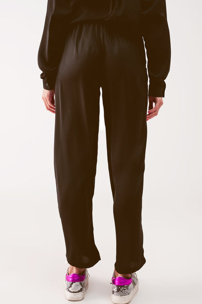Wide leg belted pants in black