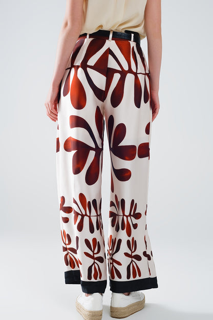 Wide Leg Pants with Abstract Print in White and Brown
