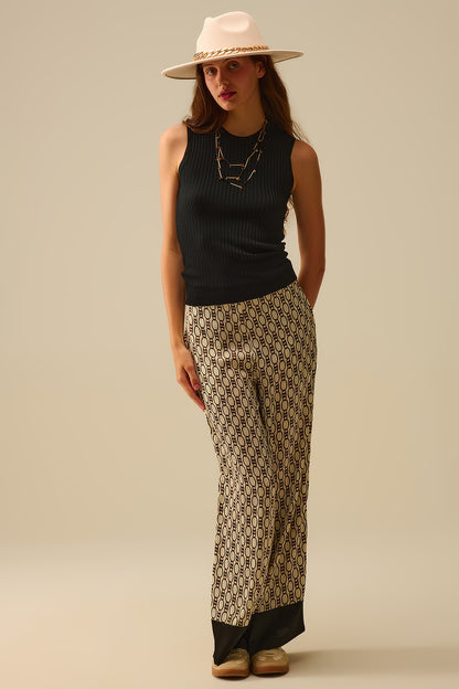 Wide-Leg Printed Pants with Chain Motif