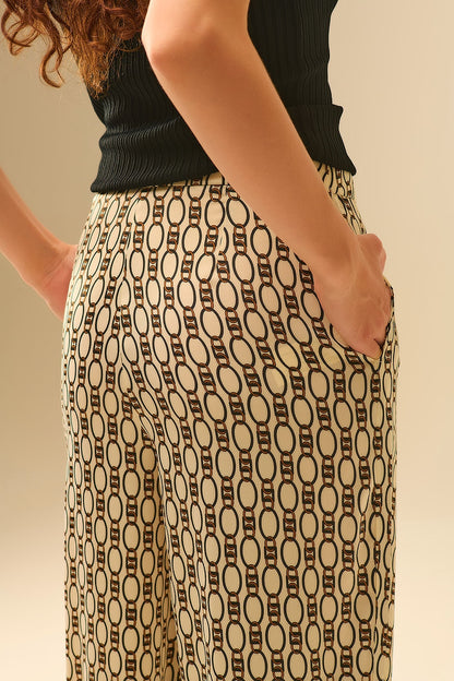 Wide-Leg Printed Pants with Chain Motif