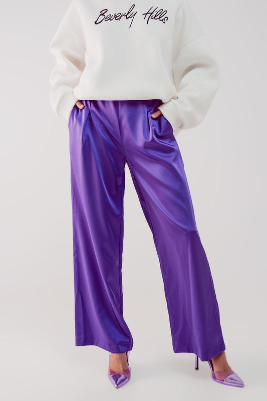 Q2 Wide leg satin pants in purple