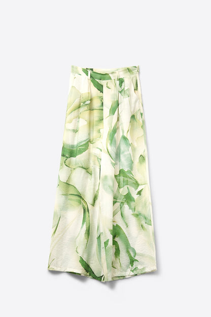Wide Leg Trousers with Green Watercolor Print