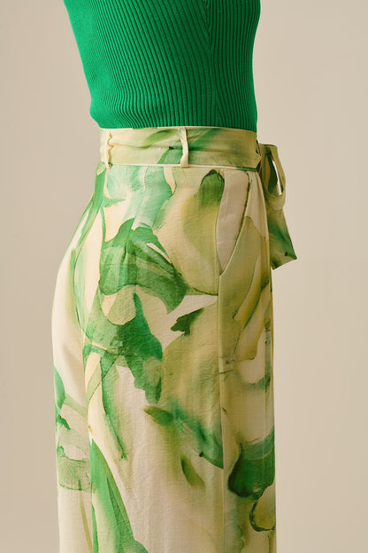 Wide Leg Trousers with Green Watercolor Print