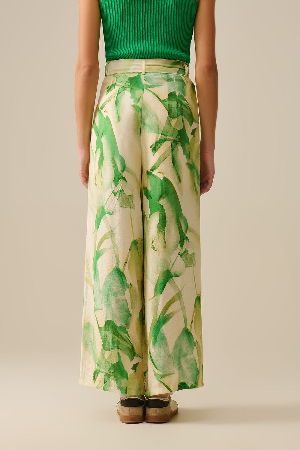 Wide Leg Trousers with Green Watercolor Print