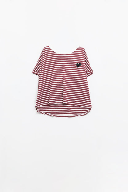 wide striped burgundy t-shirt with sequin heart decoration
