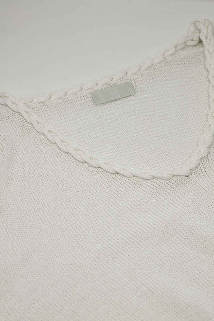 Wide V-neck cream Sweater With Braided Detail