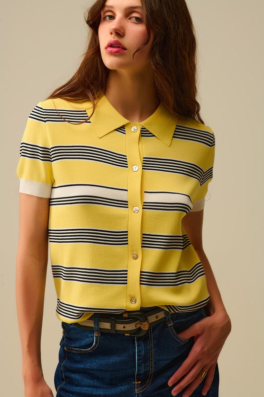 Q2 Yellow Striped Button-Up Polo